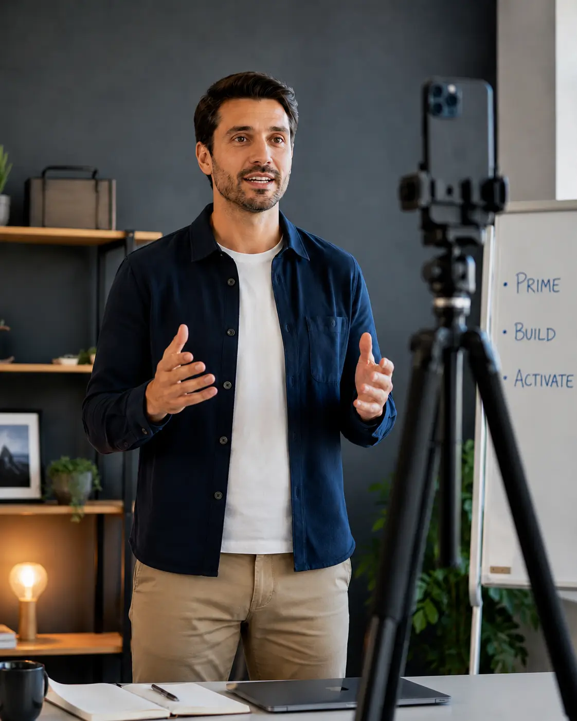A man practicing public speaking while recording himself with a smartphone camera.